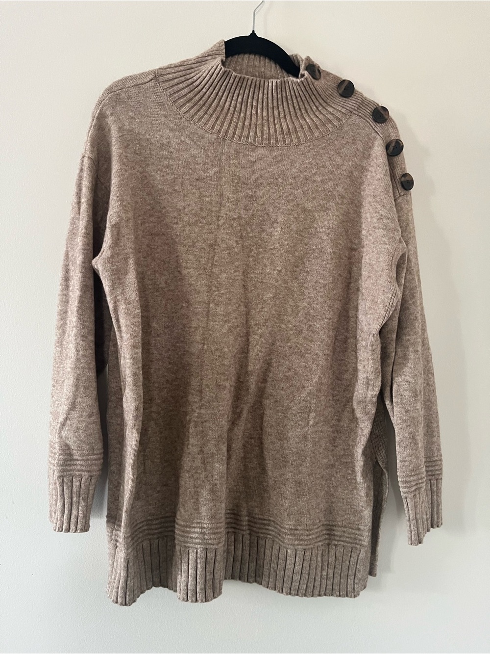 Anthropologie Tan Mock Neck Button Shoulder Tunic Sweater Medium Equestrian Cozy